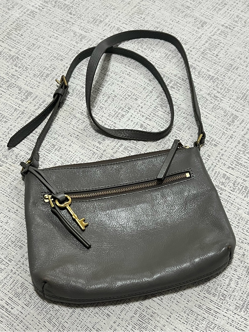 Fossil Gray Leather Crossbody Bag Brass Key Charm